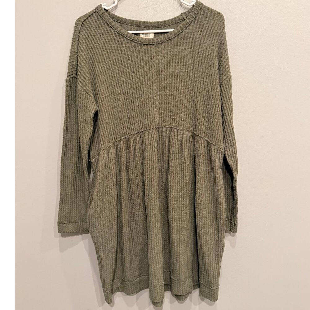 UpWest Olive Green Waffle Knit Long Sleeve Babydoll Dress with Pockets Size M